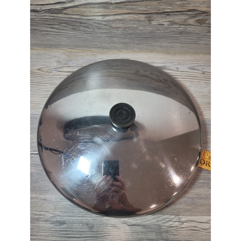 Vintage Rever Ware Lid stainless steel large w/ black knob 11.5in diameter